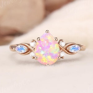 Pear Shaped Pink Opal ring Unique Rose gold engagement ring marquise cut moonstone infinity love ring Three-stone cluster ring anniversary
