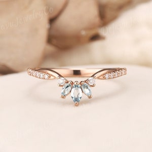Art Deco Marquise Cut Aquamarine Wedding Band Delicate Moissanite Rose Gold Wedding Ring Matching Wedding Ring Curved Wedding Band For Women