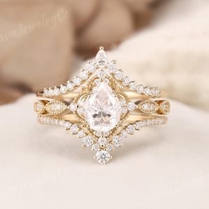 Pear Cut Moissanite Engagement Ring Set Art Deco Rose Gold Moissanite Enhancer Double Curved Wedding Band Vintage Gold Wedding Ring Set