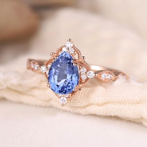 Vintage Sapphire engagement ring rose gold engagement ring Unique Art Deco Diamond Pear cornflower Ring Anniversary Promise gift Milgrain