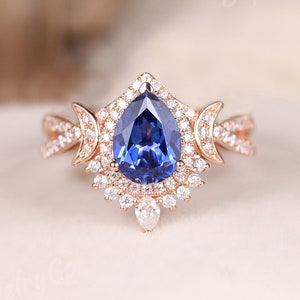 Vintage Inspired Cornflower Sapphire Engagement Ring Cornflower Blue Rose Gold Art Deco Ring Pear Shape Moon Antique Flower Crescent Twisted