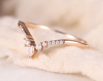 Dainty Custom Fit Rose Gold Wedding Band Women Marquise Moissanite Wedding Band Cluster Ring Vintage Inspired Promise Ring Chevron Ring Gift