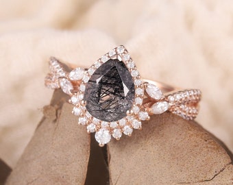 Salt and Pepper Crystal Ring Rose Gold  Engagement Ring Black Rutilated Quartz Ring Angel Engagement Ring Pear Shaped Halo Infinity Leaf