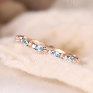 Delicate topaz wedding band women full eternity rose gold band Marquise blue Topaz ring Art deco Matching Stackable bridal gift cluster