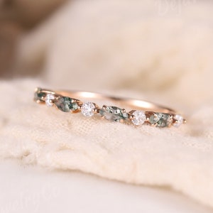 Moss Agate Wedding Band Rose Gold Nature Inspired Unique Moss Agate Curved Marquise Ring Promise Grass Green Ring For Women Handmade Jewelry