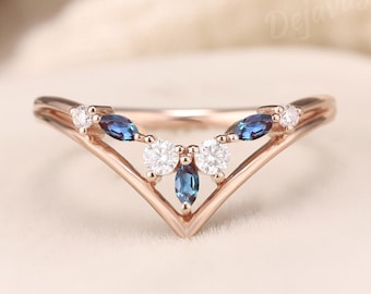 Alexandrite V-Shaped Wedding Band rose gold Chevron Wedding Band Women Unique Marquise Plain Band Stacking Ring Anniversary Double Hollow