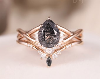 1ct Pear Shaped Black Rutilated Quartz Ring Delicate Rose Gold Engagement Ring Antique Stacking Set Chevron Vine Flower half halo 2pcs gift