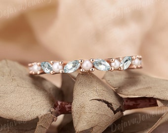 Unique Aquamarine Half Eternity Wedding Band Vintage Pearl Straight Wedding Ring Rose Gold Stacking Ring Aquamarine Promise Ring For Women