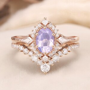 Unique Oval Engagement Ring Natural Oval Lavender Amethyst Bridal Set Rose Gold Moissanite Milgrain Halo Art Deco February Birthstone 2pcs