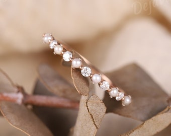 Pearl Wedding Band Rose Gold Vintage Band Unique Art Deco Band Moissanite Bridal Stacking Band Matching Band Anniversary Band Promise Ring