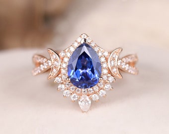 Vintage Inspired Cornflower Sapphire Engagement Ring Cornflower Blue Rose Gold Art Deco Ring Pear Shape Moon Antique Flower Crescent Twisted