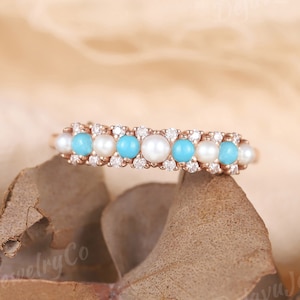 Alternating Pearl Turquoise Rose gold wedding band women Moissanite Diamond stacking matching Unique vintage Promise gift Birthstone Forever