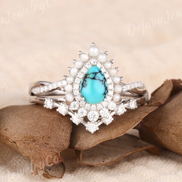 Turquoise Engagement Ring Set Vintage Pear Cut Turquoise Ring White Gold Ring Art Deco Moissanite Diamond Ring Unique Pearl Anniversary Gift
