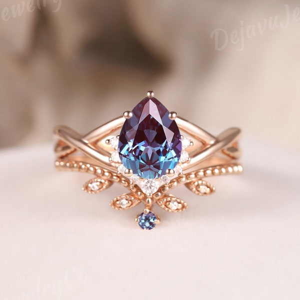 Vintage Pear Alexandrite engagement ring Color Change Alexandrite Ring Leaf Flower Rose Gold Anniversary Gift For Her Promise Unique 2pcs