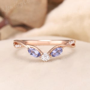 Dainty Tanzanite Curved Wedding Band Unique Wedding Band Moissanite Curved Stacking Infinity Twist Rose Gold Purple Ring Women Birthstone