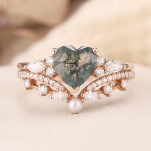 Vintage Heart Cut Moss Agate Floral Engagement Ring Rose Gold Rings Moissanite Pearl Ring Floral Ring Promise Custom Jewelry For Women Retro