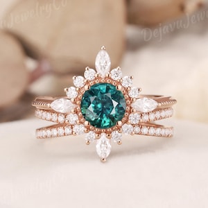 Vintage Teal Sapphire Engagement Ring Round Antique Rose Gold Peacock Sapphire Wedding Marquise Halo Twisted Bridal Set Perfect Gift 2pcs