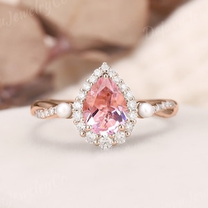 Vintage pink sapphire engagement ring delicate pear pink sapphire solid gold ring unique Birthstone gift anniversary women Pearl Infinity