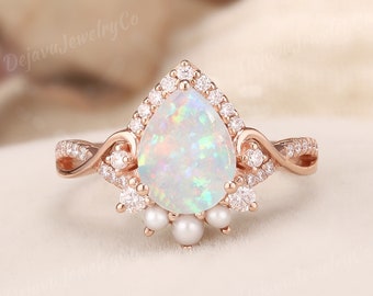 Lab White Opal Engagement Ring Dainty Rose Gold Ring Halo Moissanite Wedding Ring Art Deco Pearl Cluster Promise For women Infinity Twisted