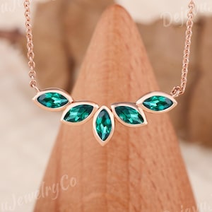 Marquise lab emerald Necklace For Women Silver Rose Gold May birthstone Pendant Unique Jewelry Anniversary Gift Mother leaf Olive Branch