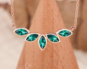 Marquise lab emerald Necklace For Women Silver Rose Gold May birthstone Pendant Unique Jewelry Anniversary Gift Mother leaf Olive Branch