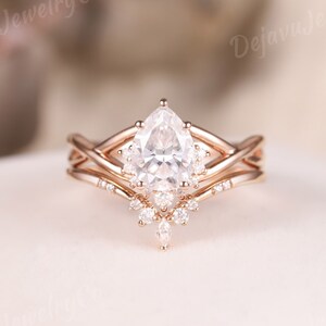 Dainty Pear Shaped Moissanite Engagement Ring Set Dainty Rose Gold Wedding Ring Set Half Halo Moissanite Bridal Set Twisted Ring For Her