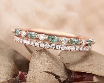 Vintage Marquise Moss agate wedding bands Women 2pcs Rose gold Moissanite wedding band half eternity matching stacking Anniversary Unique