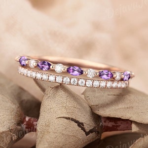 Marquise Amethyst Wedding Band Women Rose Gold Ring Vintage Band Half Eternity Band Moissanite Stacking Band Matching Diamond Band 2pcs