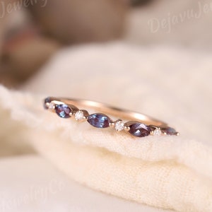 Half eternity Lab Alexandrite wedding band women rose gold wedding band Marquise Mystic ring Art deco ring Matching Stackable changing color