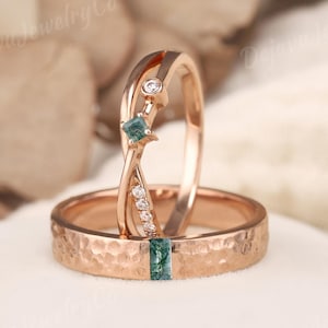 Baguette Moss Agate Couple Rings Set 2pcs Silver Rose Gold Mens Wedding Band Matching Ring Set Hammered Ring Love Till Die one of a kind