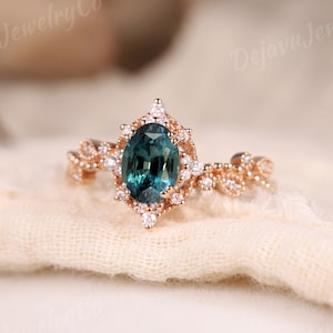 Natural Teal Sapphire Engagement Ring Flower Antique Milgrain Rose Gold Ring Vintage Art Deco Unique Bridal Anniversary Vine Nature Inspired