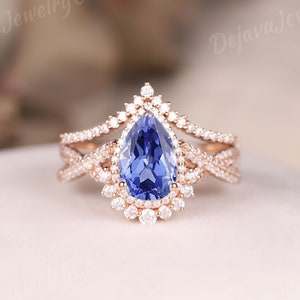 Vintage Cornflower Sapphire Engagement Ring Set Women Rose Gold Pear Sapphire Wedding Birthstone Wedding Band Unique Bridal Set Gift 2pcs