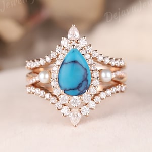 Vintage Turquoise Ring Antique Pear Shaped Sleeping Beauty Turquoise Engagement Ring Rose Gold 3pcs Mini Tear Drop Anniversary Bridal Set