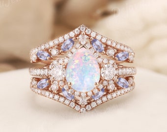 Pear Shaped Opal tanzanite Ring set 2pcs Unique Rose Gold Engagement Ring Filigree Ring for Women Three Stones Ring Enhancer Cluster leaf