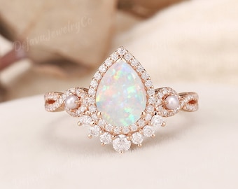 Vintage White Opal Engagement Ring Pearl Engagement Band Rose Gold Vine Ring Infinity Ring Flower Stacking Ring Unique Pear opal Ring Halo