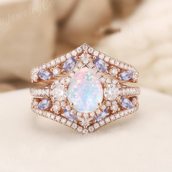 Pear Shaped Opal tanzanite Ring set 2pcs Unique Rose Gold Engagement Ring Filigree Ring for Women Three Stones Ring Enhancer Cluster leaf