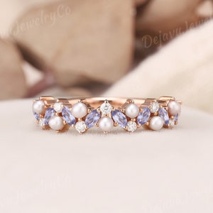 Vintage Matching Band Marquise Tanzanite Wedding Band Women Antique Cluster Ring Guard Rose Gold Pearl Moissanite Band Women Gift Birthstone