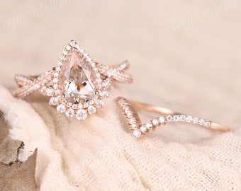 Delicate Morganite Engagement Ring Unique Twisted Moissanite Rose Gold antique  Unique Moissanite Curved Stacking Wedding Band Women 2pcs