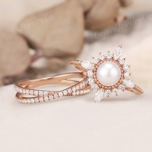 Vintage Akoya Pearl Engagement Ring Set Moissanite Halo Wedding Ring Set Twisted Rose Gold Stacking Wedding Band Moissanite Promise 2pcs