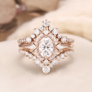 1ct Oval Moissanit Verlobungsring Set Roségold Vintage Ring Set Zierliche Marquise Diamant Art Deco gedreht Boho Stil Jahrestag Geschenk 3Stk