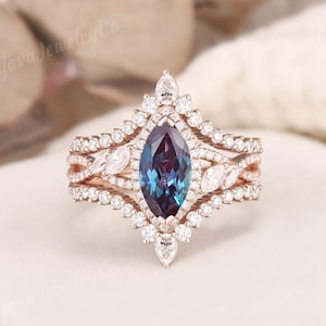 1ct Marquise Alexandrite Engagement Ring Set Rose Gold Moissanite Ring Enhancer Purple Changing Color Vine Bridal Cage Ring Gift For Her 2pc