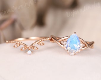 Moonstone Opal Wedding Ring Unique Pear Shaped Engagement Ring Cluster Half Halo Bridal Set Vine Rose gold Wedding Ring Chevron Ring 2pcs