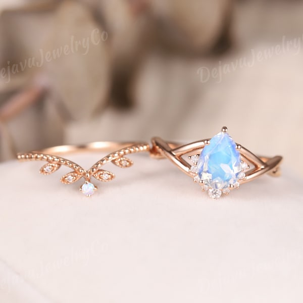 Moonstone Opal Wedding Ring Unique Pear Shaped Engagement Ring Cluster Half Halo Bridal Set Vine Rose gold Wedding Ring Chevron Ring 2pcs