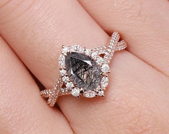 Black Rutilated Quartz Engagement Ring Unique Pear Halo Moissanite Wedding Ring Rose Gold Twisted Wedding Black Crystal Promise Ring For Her