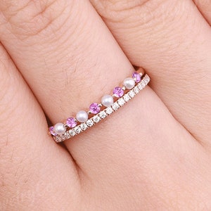 Unique Pink Sapphire Wedding Band 2pcs Rose Gold Pearl Stacking Ring Diamond Wedding Ring Art Deco Moissanite Pave Wedding Rings For Women