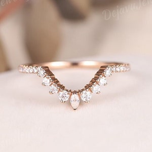 Mini Marquise Rose gold wedding band women Moissanite wedding band Diamond stacking matching Unique Half eternity vintage ring Promise gift
