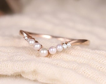 Unique Pearl Wedding Band Women Rose Gold Diamond Pearl Curved Engagement Ring Promise Matching Stacking Band Moissanite Chervon Ring women