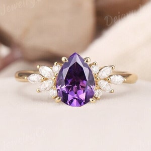 Crystal Engagement Ring Unique Amethyst Ring Yellow Gold Wedding Ring Moissanite Cluster Promise Ring for Women Anniversary gift for her