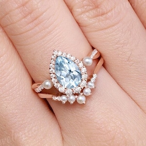 Aquamarine Engagement Ring Set Dainty Pear Cut Aquamarine Wedding Ring Pearl Cluster Birthstone Twisted Unique Promise Gift For Women 2pcs
