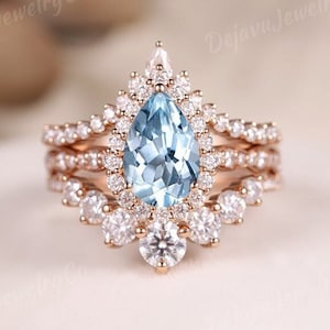 3pcs Pear Aquamarine Engagement Ring Set Dainty Moissanite Curved Stacking Wedding Band Halo March Birthstone Promise Cocktail Bridal Gift